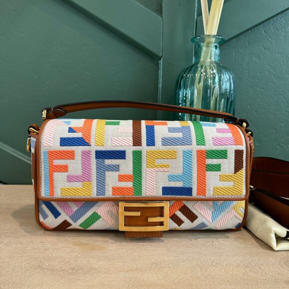 Fendi Handbags - EUC Fendi Baguette Kuban Canvas Vitello King FF Embroidered Grezzo multicolor